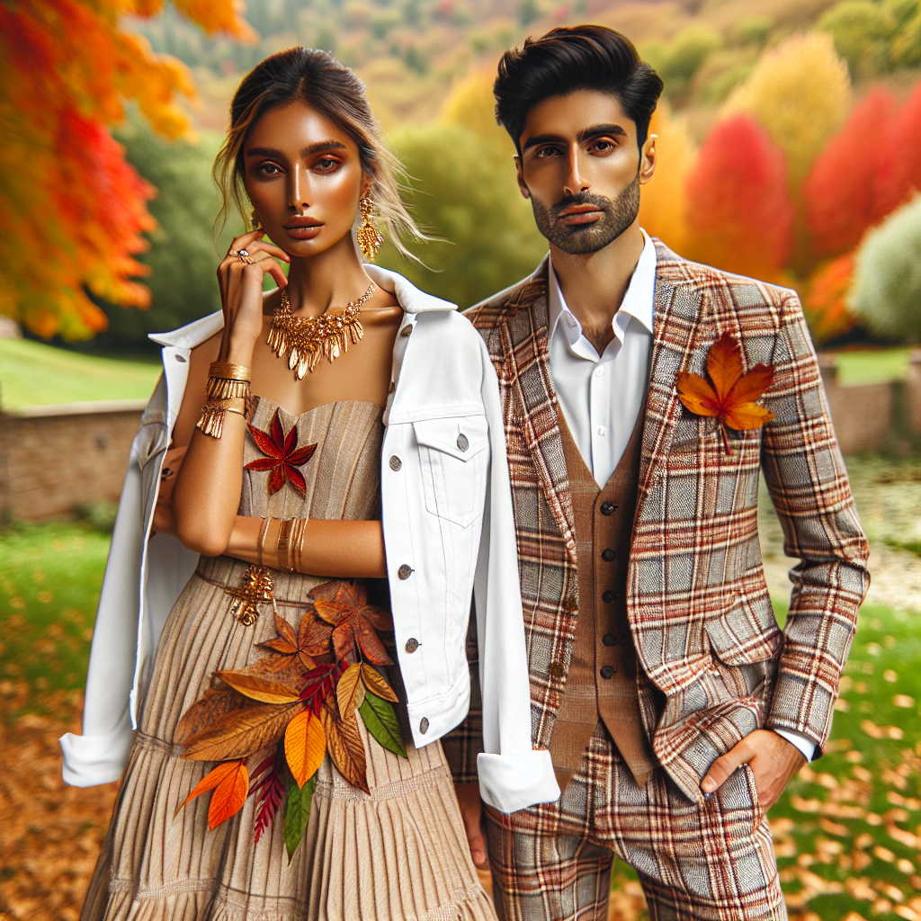 A fashion article showcasing Fall wedding outfits: Display a South Asian bride wearing a chic earth-toned dress accented with autumnal leaves and gold jewelry, complemented by a stylish white denim jacket. She should be standing alongside a Middle-Eastern groom in a sharp plaid wool suit, also with a coordinating white jean jacket. They stand confidently in the background of a fall scenery, with hues of orange, red and yellow gracing the trees and leaves on the ground.