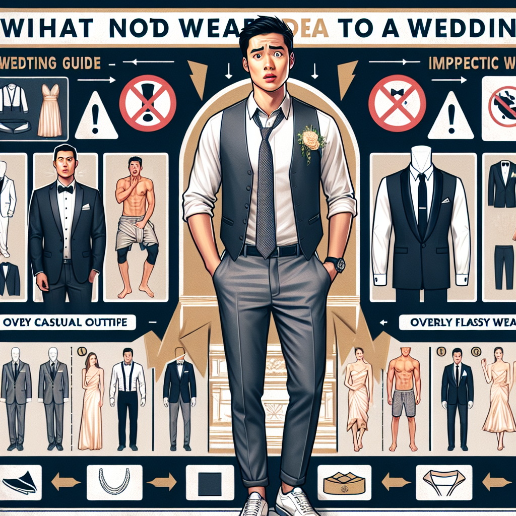 Create an image that encapsulates an informative guide for men on what not to wear to a wedding. The image should feature a detailed infographic with different elements including pictorial depictions of inappropriate wedding attire such as overly casual outfits, athletic wear, and overly flashy clothing. Overlay these images with clear, bold, and easy-to-read caution symbols. Also include a man of blend Hispanic and East Asian descent dressed in inappropriate wedding attire, looking slightly shocked or confused. The overall design of the image should be professional, educational, and engaging, with a neutral color scheme that is pleasing to the eye.