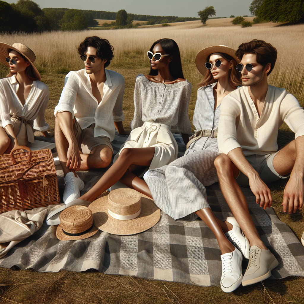 A peaceful pastoral scene on a clear summer day. In the foreground, three different couples are enjoying a picnic date. An East Asian male in a light, breathable linen shirt and casual shorts along with a Black female in a flowing summer dress and a straw hat, are lounging on a checkered blanket beside a wicker picnic basket. To their right, a South Asian female in a chic, comfortable blouse and culottes is seated with a Middle Eastern male in a fine cotton polo shirt and chinos. Lastly, a Caucasian male in a classic T-shirt and denim shorts and a Hispanic female in a playful romper, soak in the sun. Each of them has stylish sunglasses for a touch of glamour.