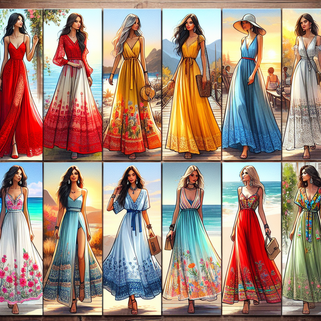 Picture a scene displaying six different types of maxi dresses suitable for various occasions. Start with a breathtaking maxi dress in vibrant red color perfect for a black-tie event, designed with intricate lace detailing. Next, depict a sunny yellow dress, flowing and comfortable, that's ideal for a summer picnic. Paint a soothing blue maxi dress with floral accents for a strolling in the garden scene. Next, bring elegance with a white maxi dress with beautiful embroidery, fitting for a classy cocktail party. Display a lively patterned maxi dress that's perfect for a music festival, and finally, illustrate a soft pastel-toned maxi dress for a serene beach setting. Spread the models of varying descents: Caucasian, Hispanic, Black, Middle-Eastern, East Asian, and South Asian, all wearing these dresses and exuding style and confidence.