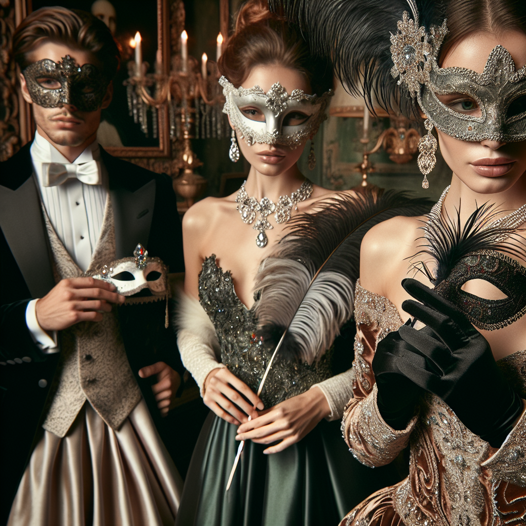 An elegant soir&eacute;e scene depicting a variety of individuals adorned in stunning masquerade ball attire. A Caucasian woman is wearing a velvet evening gown with intricate bead work, paired with a feathered mask that is captivating. A Latino man is in a richly tailored tuxedo, his face covered by an elaborately detailed mask. A Black woman is dressed in a regal satin gown, holding a mask of lace and jewels. Focus on presenting the fine detailing on the fabrics, the gleam of the jewels, and the opulence of the setting to capture the luxurious atmosphere of the event.