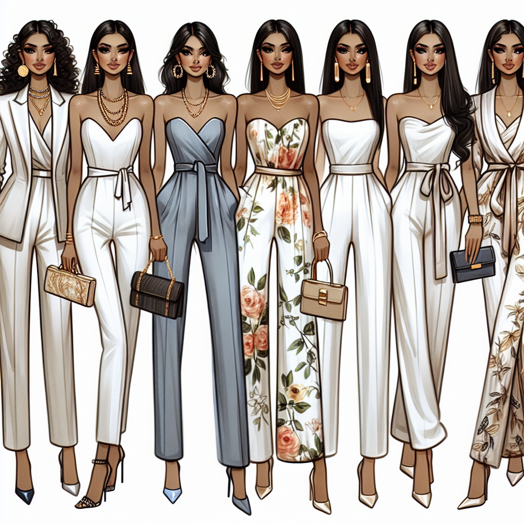 Illustrate an array of stunning outfits focused on strapless jumpsuits in a wide variety of styles and occasions. Show one tailored for a formal business meeting, accessorized with an elegant blazer on a South Asian woman. The next outfit could be a floral patterned jump suit for a summer brunch, worn by a Hispanic woman with statement jewellery. Also, depict a silk jumpsuit glammed up for a night out on the town, donned by a Caucasian woman with a matching clutch and high-heels. Lastly, portray an African descent woman in a minimalist monochrome jumpsuit suitable for a casual outing. All jumpsuits should be visually appealing and must-see.