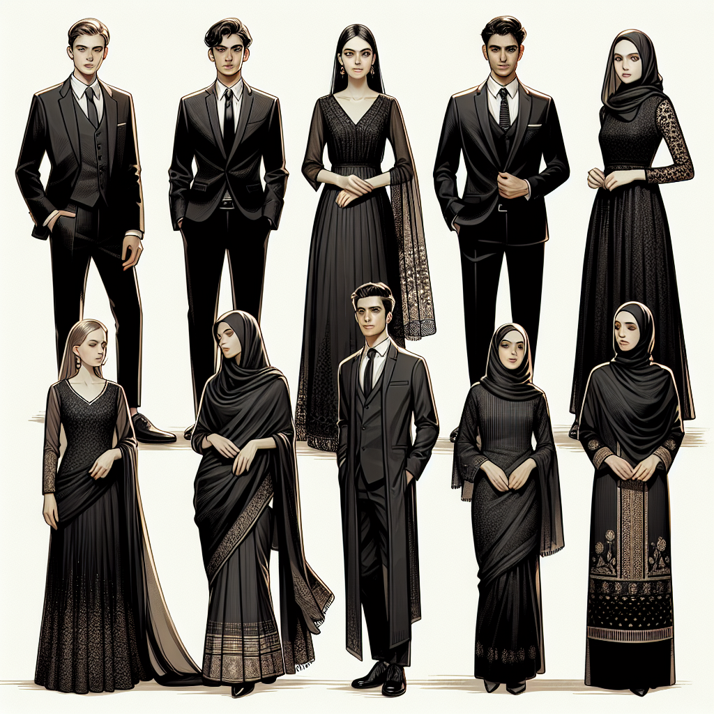 Memorial Attire Guide: Effortless, Respectful Choices Depict a collection of attire that signifies respect and decorum, suitable for a memorial setting. This should include a range of modern and traditional clothing options. Illustrate a Caucasian man in a black suit, a Hispanic woman in an elegant black dress, a Middle-Eastern man in a dark colored traditional outfit, a South Asian woman in a black saree, and a Black woman in a tasteful black ensemble. Ensure that all clothes exhibit somber hues, clean lines, and comfortable fabrics. The clothes must exude a peaceful and respectful demeanor suitable for remembering loved ones. Add a soft, respectful ambiance to the scene.
