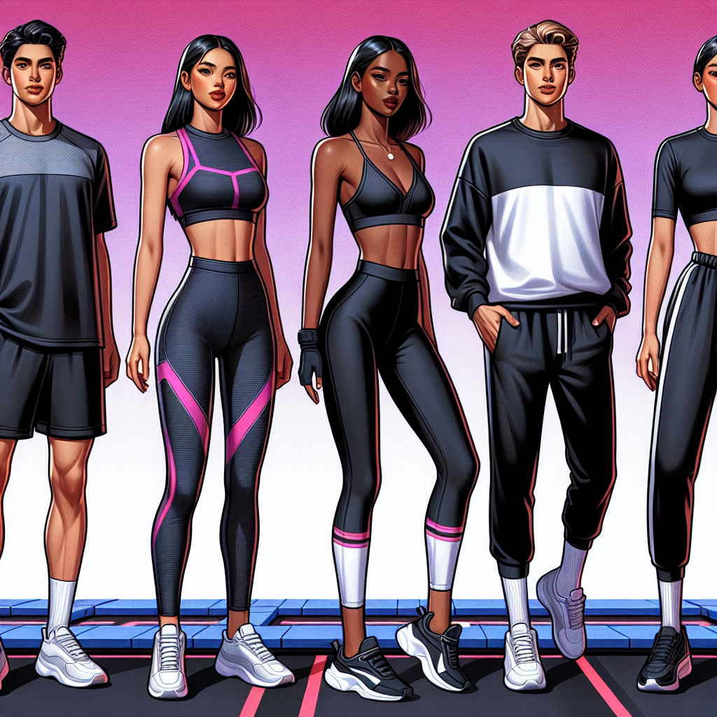 A collection of stylish outfits suitable for a trampoline park. The first outfit is sporty; featuring a breathable t-shirt, shorts and low-profile athletic shoes on a South Asian man. The second ensemble is a chic; fitted athletic wear on a black woman including a sleek crop top, high-rise leggings, and cross-training sneakers. The third outfit is a comfort-focused attire on a Hispanic man; consisting of an oversized sweatshirt, joggers, and slip-resistant socks. All outfits are designed to provide freedom of movement and safety while jumping and flipping on trampolines in vibrant, neon-lit trampoline park environment.