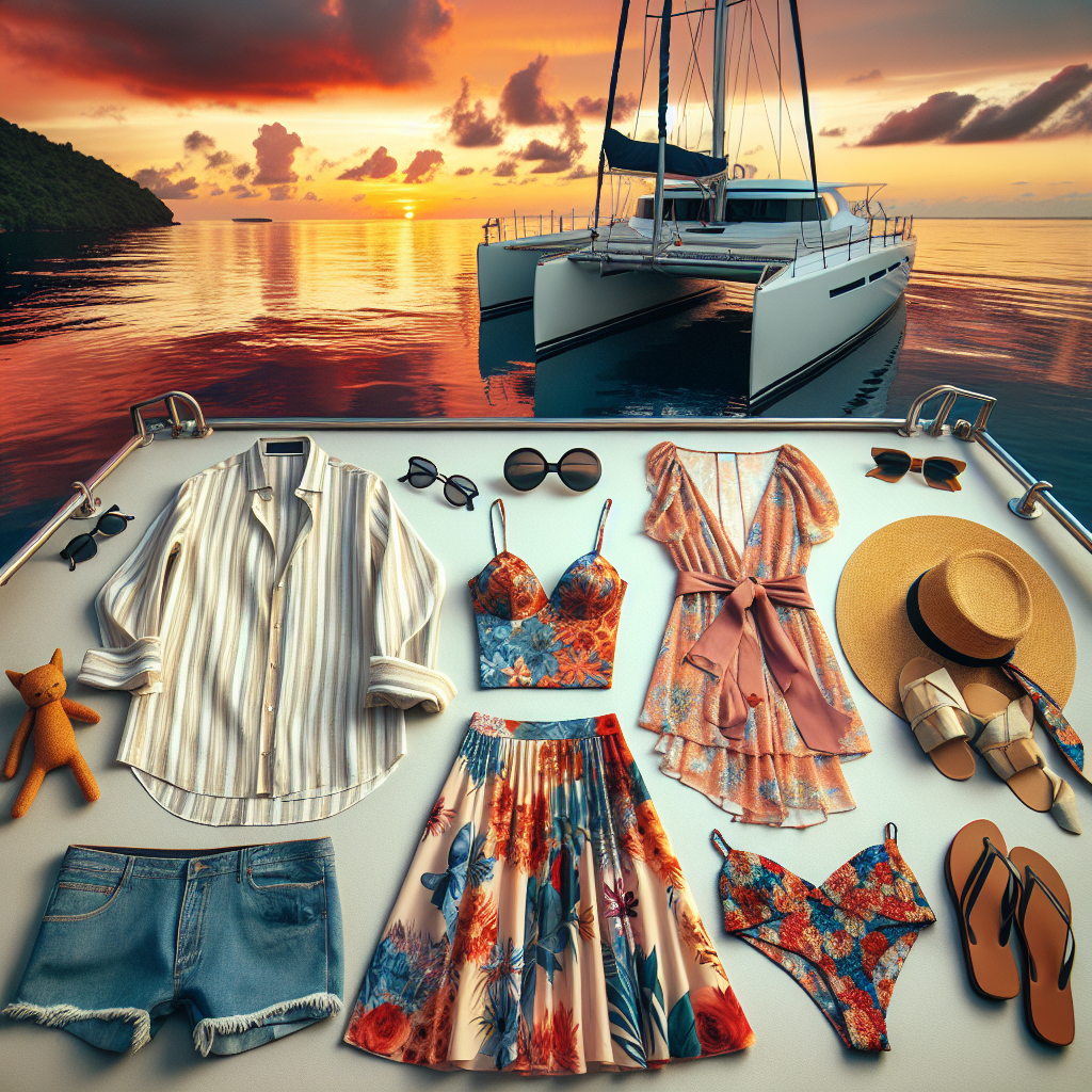 An array of stunning outfits laid out for a catamaran sunset cruise. This vision should include a pair of stylish sunglasses, a straw hat, a casual linen shirt for a Hispanic gentleman, a vibrant floral-print sundress for a Middle-Eastern woman, and a pair of flip-flops. In the backdrop, a picturesque view of the orange and pink hues of the setting sun reflecting on the calm sea. The catamaran, positioned just right, is ready for sail. All elements glamourously brought together demonstrating fashion-forward choices appropriate for a sea voyage.