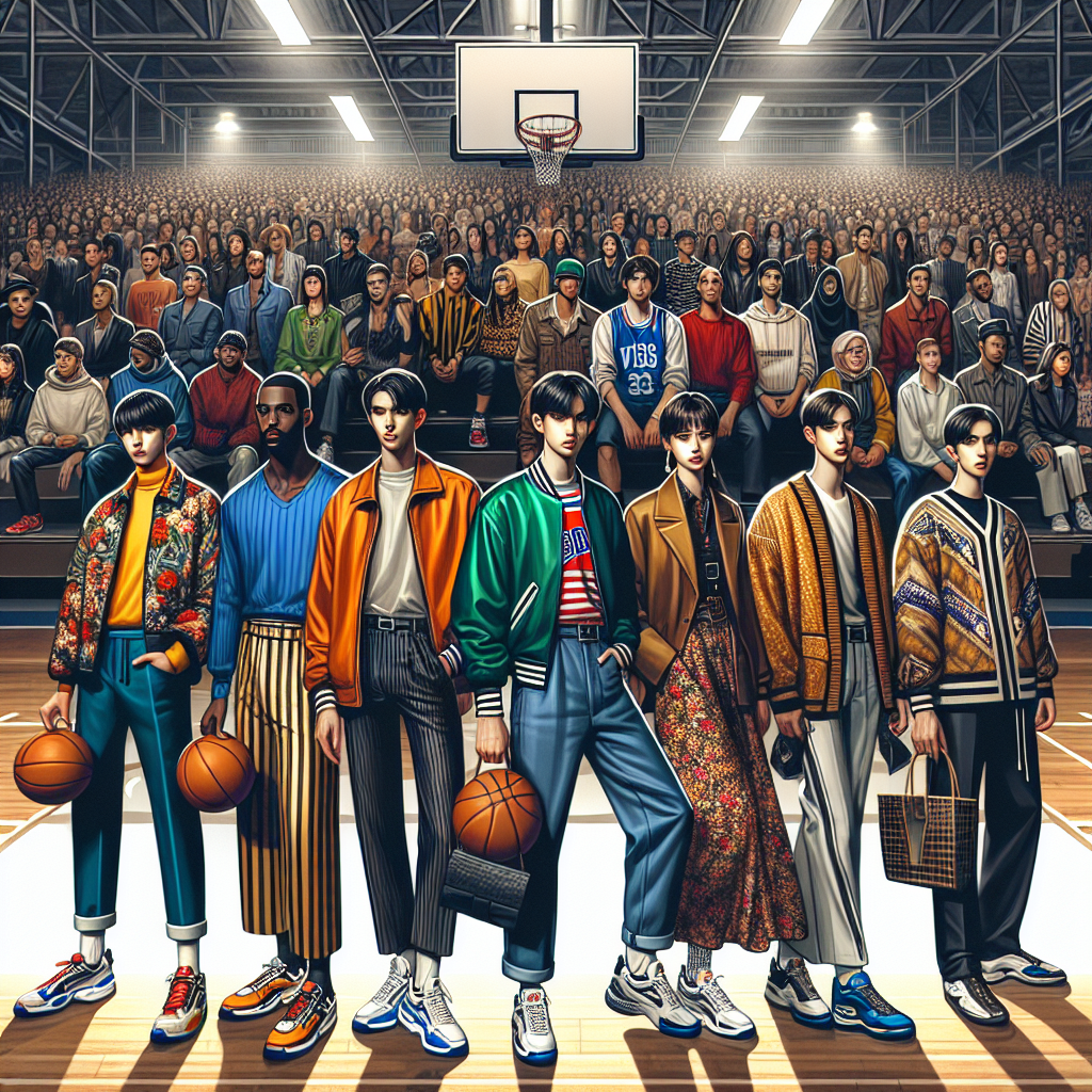 Capture the vibrant atmosphere of a bustling basketball court where spectators and fans rally for their teams. Show a gathering of spectators in a variety of stylish outfits that stand out against the backdrop of the indoor court. These outfits range from casual sporty to high-end fashion forward, demonstrating supreme elegance. Among the crowd, illustrate a Hispanic male in a sleek suit, a Black female in a chic jacket and jeans, a South Asian male in a trendy sweater and chinos, and a Middle-Eastern female in a floral dress, each signifying their unique style and expressing their admiration for the game.