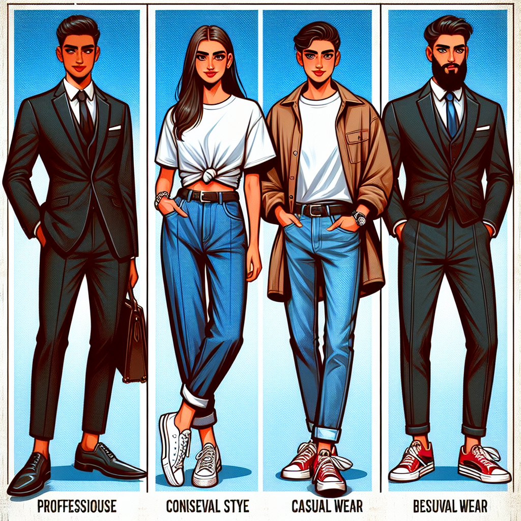 Explore a vibrant image showcasing a wide range of outfits essential for college tours. It includes a professional look featuring a black, tailored suit worn by a Middle-Eastern woman showcasing her sharp style, casual wear of a bespoke white t-shirt and blue jeans adorned by a Hispanic man depicting utmost comfort, and a balanced ensemble of a stylish jacket, formal trousers, and sneakers worn by a South Asian man. Each outfit is controversial yet trendy, reflecting the versatility of college fashion that can be adapted across different climates, cultures, and personal preferences.