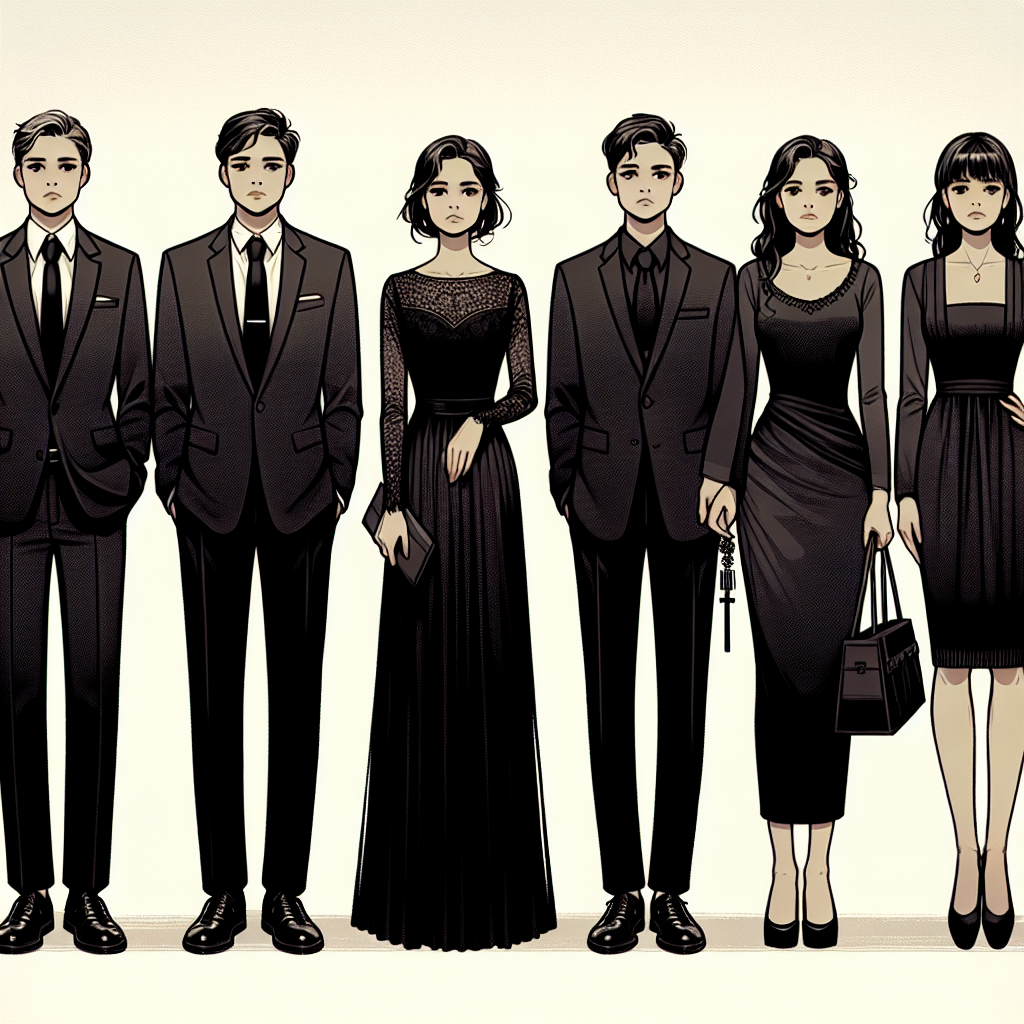 Visualize a collection of respectful and traditional funeral attire suitable for Hispanic culture. Show different outfits suitable for both genders. For men, include a well-tailored black suit with a white shirt, black tie, and polished shoes. For women, depict a long black dress with minimal accessories and black, low-heeled shoes. Showcase a range of body types and ages and make sure the focus is on the elegance and solemnity appropriate for a funeral. Ensure the background setting subtly suggests a funeral environment.
