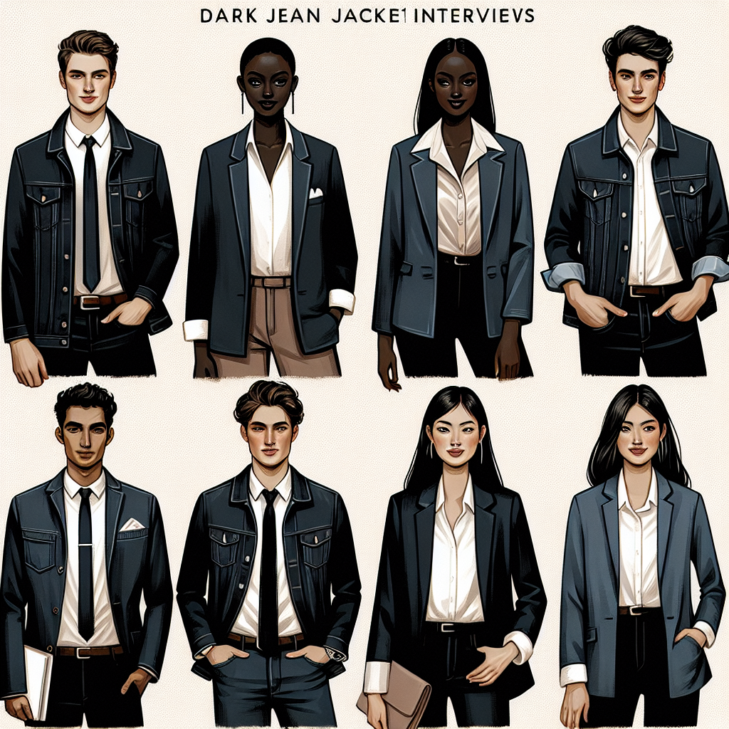 Must-Have Looks for Interviews with Dark Jean Jackets Showcase different must-have looks for interviews incorporating dark jean jackets. Display an array of professional styles using this versatile piece of clothing, showcasing it on individuals of different descents and genders. The first look should embrace a Caucasian male with a white shirt and tie underneath his jacket. Transition then to a Black woman with a silk blouse topped with the dark jean jacket. Continue with a South Asian man wearing a casual shirt under his jacket. Lastly, present a Hispanic woman pairing her dark jean jacket with formal dress pants. All these looks should convey a confident, interview-ready vibe.