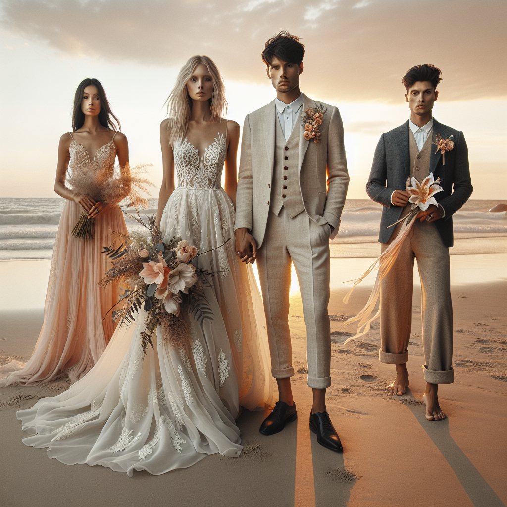 Stunning Beach Wedding Outfits for Timeless Elegance Imagine a beautiful beach bathed in the soft hues of a setting sun. Foreground portrays four individuals, two in tasteful wedding attire, exemplifying timeless elegance. A Caucasian bride donning a flowing ivory silk gown with intricate lace detailing, while a Black groom is in a beige linen suit with a coral boutonnière. Beside them, a Hispanic bridesmaid in a pastel pink chiffon dress carries a rustic bouquet of wildflowers and a Middle-Eastern groomsman in a voguish navy blue suit holds a ring box. Sands underfoot, they illustrate the epitome of beach wedding elegance.