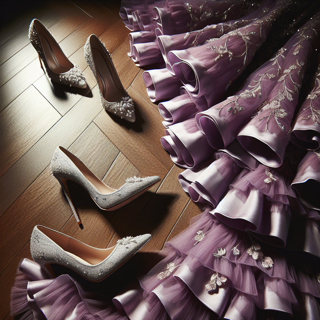 Stunning Shoes for Purple Dresses: Effortless Pairings Picture a feminine, high-fashion scene, focused on showcasing the perfect shoe and dress pairing. On a luxurious wooden floor lies a breathtakingly beautiful purple dress, simply embroidered with delicate silver threads, flowing beautifully with ruffled elegance. Nearby, there are two exquisite shoes, made of a shimmering silver material, adorned with tiny sparkling crystals. The shoes have chic stilettos and an elegant pointed toe design, perfect for an evening event. The lighting casts a soft glow, accurately mirroring the glamorous aura of the setting. The composition of the scene creates an alluring effect that captivates the viewer, emphasizing the effortless pairing of the shoes with the purple dress.