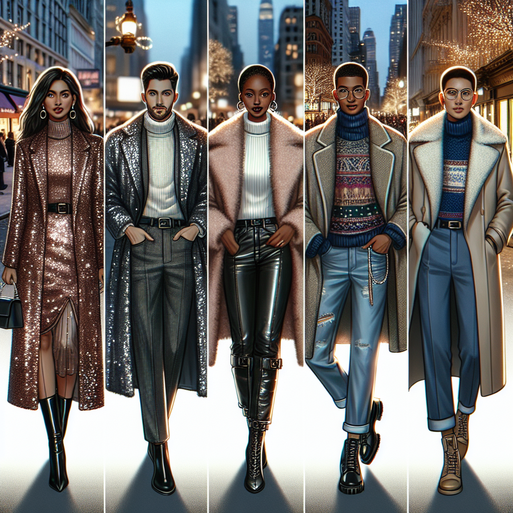 Must-Have Winter R&B Concert Outfits Imagine a city street on a crisp winter evening. Apart from the twinkling street lamps and glowing shop windows, the focus is on five elegantly dressed individuals, each representing a distinct style for an R&B concert in winter. Person one is a South Asian woman in a sparkling sequined coat over a sleek dress, paired with knee-high boots. Person two, a Hispanic man, rocks a stylish faux fur coat over a turtleneck and trendy fitted jeans with stylish leather shoes. Person three is a Black woman, wearing a chic leather jacket, coupled with distressed denim and statement hoops. Person four, a Caucasian man, is seen in a crisp suit layered under a long cream overcoat, accessorizing with a pair of smart glasses. Lastly, person five, a Middle-Eastern woman in a trendy puffer jacket over a colorful knit sweater and a midi skirt paired with ankle boots. Each style strikes a balance between comfort, warmth, and the vivacious aesthetic of an R&B concert.
