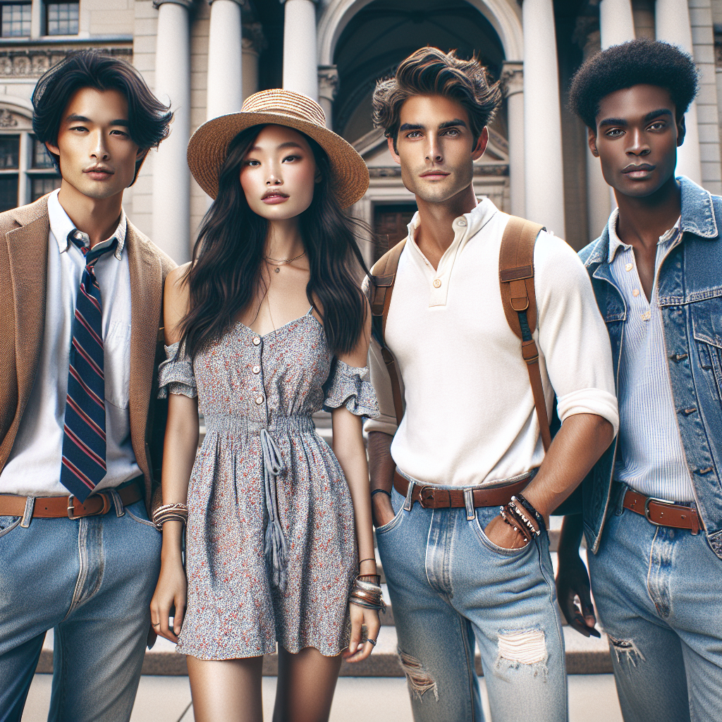 Stunning Outfits for College Orientation – Effortless Style Visualize a group of four college students, each showcasing a distinct and stunning outfit perfect for college orientation. They are standing outside a classical university building. The first student, a Hispanic male, is dressed in a stylish casual suit with rolled up sleeves and a loosely hung tie. Beside him, an Asian female student is wearing a chic sundress with a denim jacket. The third person, a Caucasian female, is donned in a trendy bohemian outfit with a fashionable hat. Lastly, a black male student is in a smart-casual outfit with a polo shirt and neatly creased jeans. All of them radiate effortless style.