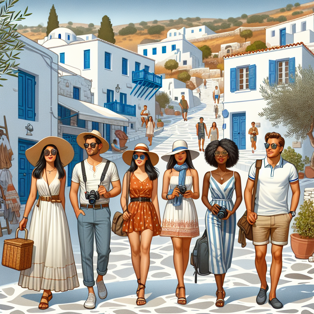Visualize a scene set in Greece, illustrating the concept of smart dressing to avoid cultural missteps often made by tourists. Depict a diverse group of travelers - a Middle-Eastern woman wearing a sundress, Asian man dressed in linen pants and a light shirt, a Black woman wearing a stylish hat and sunglasses, and a Caucasian man in a polo shirt and Bermuda shorts, carrying cameras and maps. Integrate elements of Greek culture like narrow cobblestone streets, white houses with blue shutters, olive trees, and ancient ruins in the background.