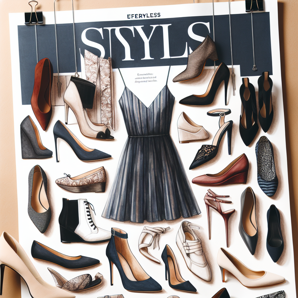 Must-Have Shoes for a Navy Dress: Effortless Style Guide Visualize an article cover showcasing an array of trendy and stylish shoes that pair well with a navy dress. Picture various styles such as stilettos, pumps, wedges, and flats. Each shoe is intricately designed and versatile, encompassing various materials like suede, patent leather, and satin. The color palette ranges from neutral tones like beige, black, and white, to bold tones like red and metallic silver. The navy dress is elegantly hung in the background, serving as an anchor for the array of shoe options, and the text 'Effortless Style Guide' headlines the image.
