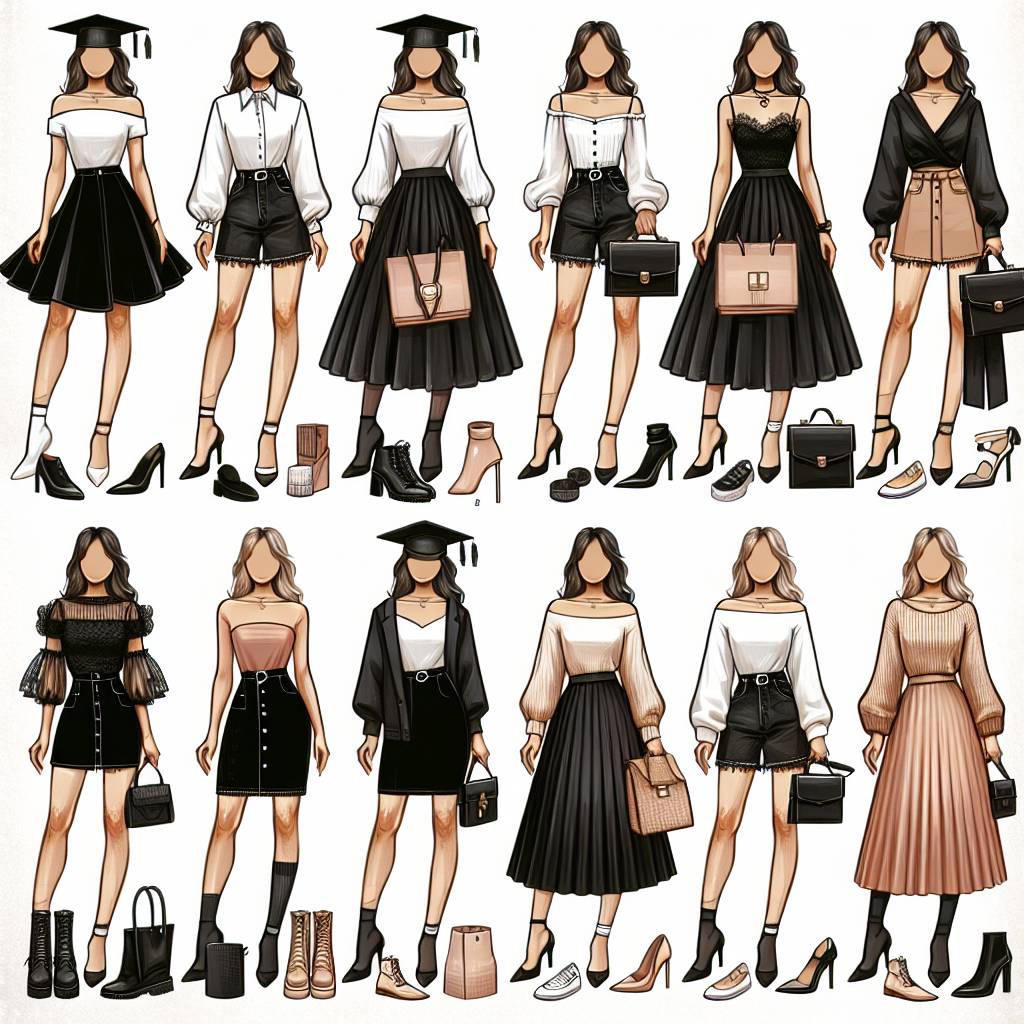 Create a detailed fashion collage for a graduation event, focusing on versatile black skirts. The image should contain four distinct fashion sets, each representing the four major seasons: Spring, Summer, Autumn, and Winter. In each set, present a black skirt paired with accessories, footwear, and tops appropriate for the respective season. Be sure to include a variety of styles to suit different personal aesthetics. The outfits should be worn by fashion-forward females of diverse descents - namely, Hispanic for Spring, Middle-Eastern for Summer, South Asian for Autumn, and Caucasian for Winter.