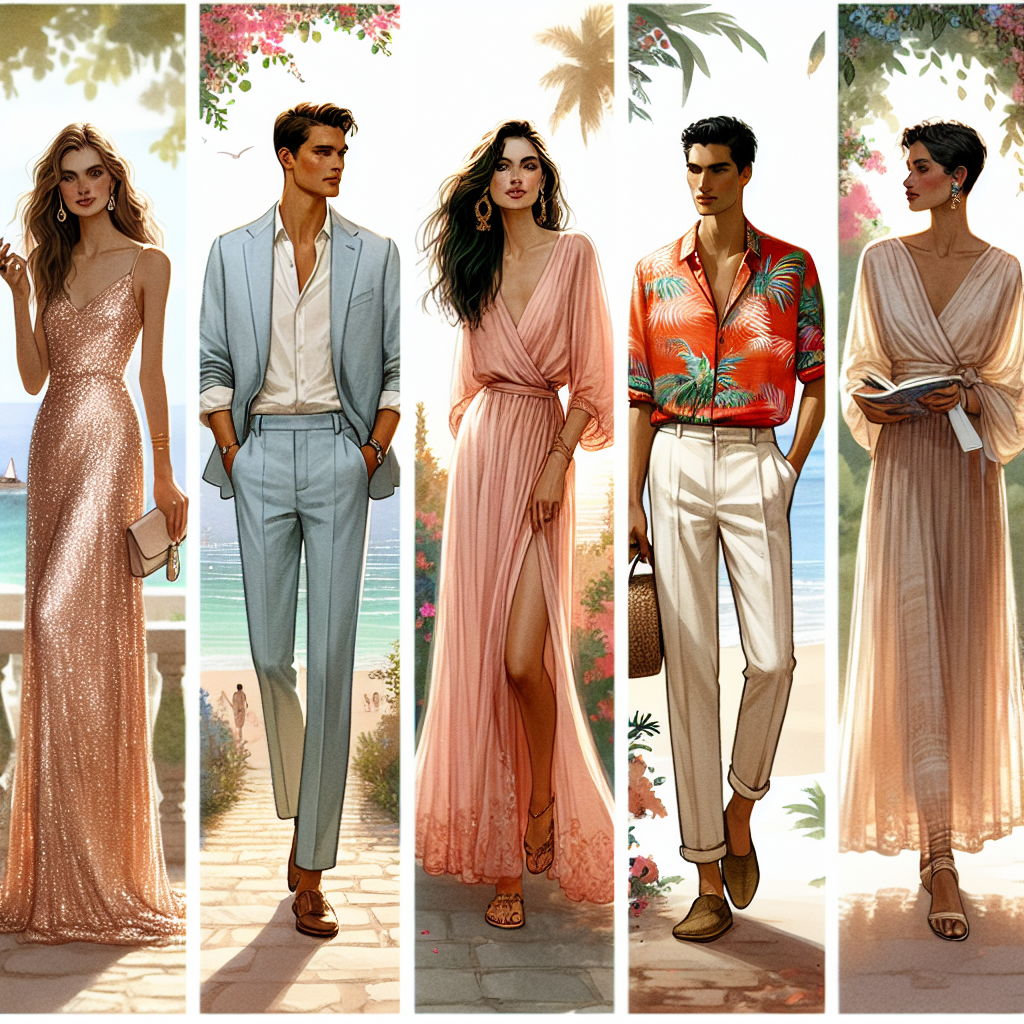 Create a collage of six different outfits that are perfect for destination weddings, showcasing effortless style. The scene should include the following attire: 1. A floor-length champagne colored sequin dress worn by a Hispanic woman; 2. A breezy peach chiffon maxi dress worn by a Caucasian woman; 3. A pastel blue linen suit on a South Asian man; 4. A vibrant red tropical print shirt paired with beige linen trousers for a Black man; 5. A soft pink knee-length cocktail dress for a Middle-Eastern woman; and 6. An elegant white linen suit worn by an East Asian man. The setting of each outfit should loosely indicate a classic wedding destination, like a beach, lush garden, or vineyard.