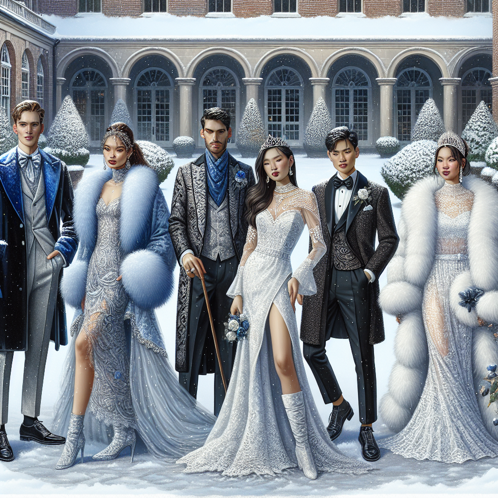 Create a detailed visual representation encapsulating a series of winter-themed wedding outfits. Courtyard dusted with fresh snowfall is to be the background. Paint the scene with a diverse group of individuals, showcasing a variety of stunning outfits. Include an Asian man in a dapper velvet suit, a Hawaiian woman donning a silvery blue winter gown with a matching fur stole, a Middle-Eastern woman styled in a white lace wedding dress with a diamond tiara, and a Caucasian man in a traditional black and white tuxedo with a rose boutonniere. Ensure each attire reflects the glory of the winter season and the elegance of wedding fashion.