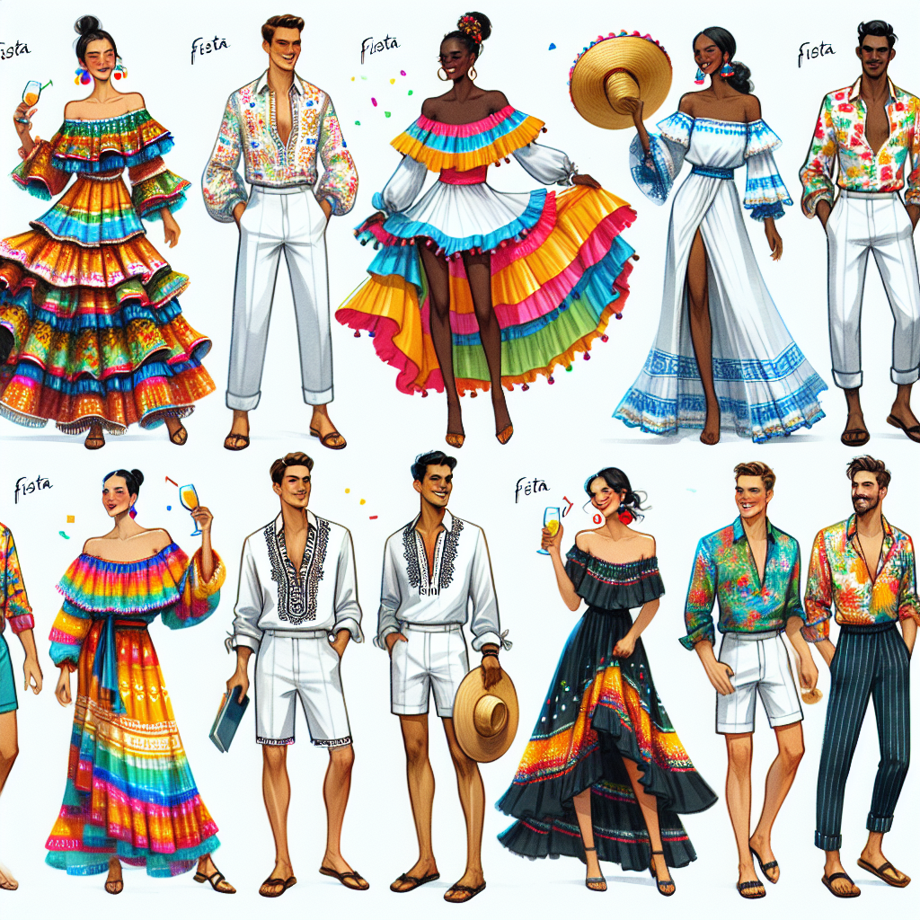 Illustrate various outfits suitable for a festive celebration. Firstly, display a vibrant fiesta dress worn by an East Asian woman, filled with lively colors and ruffles. Then, portray a Hispanic man in a traditional guayabera shirt paired with white linen trousers, a perfect blend of elegance and comfort. Thirdly, visualize a Black woman in a flowy, Bohemian-style maxi dress, adorned with colorful prints and fringes. Lastly, depict a white man sporting a casual outfit with colorful shorts and a tropical print shirt. All these outfits should exude joyous energy, perfect for a fabulous fun fiesta.