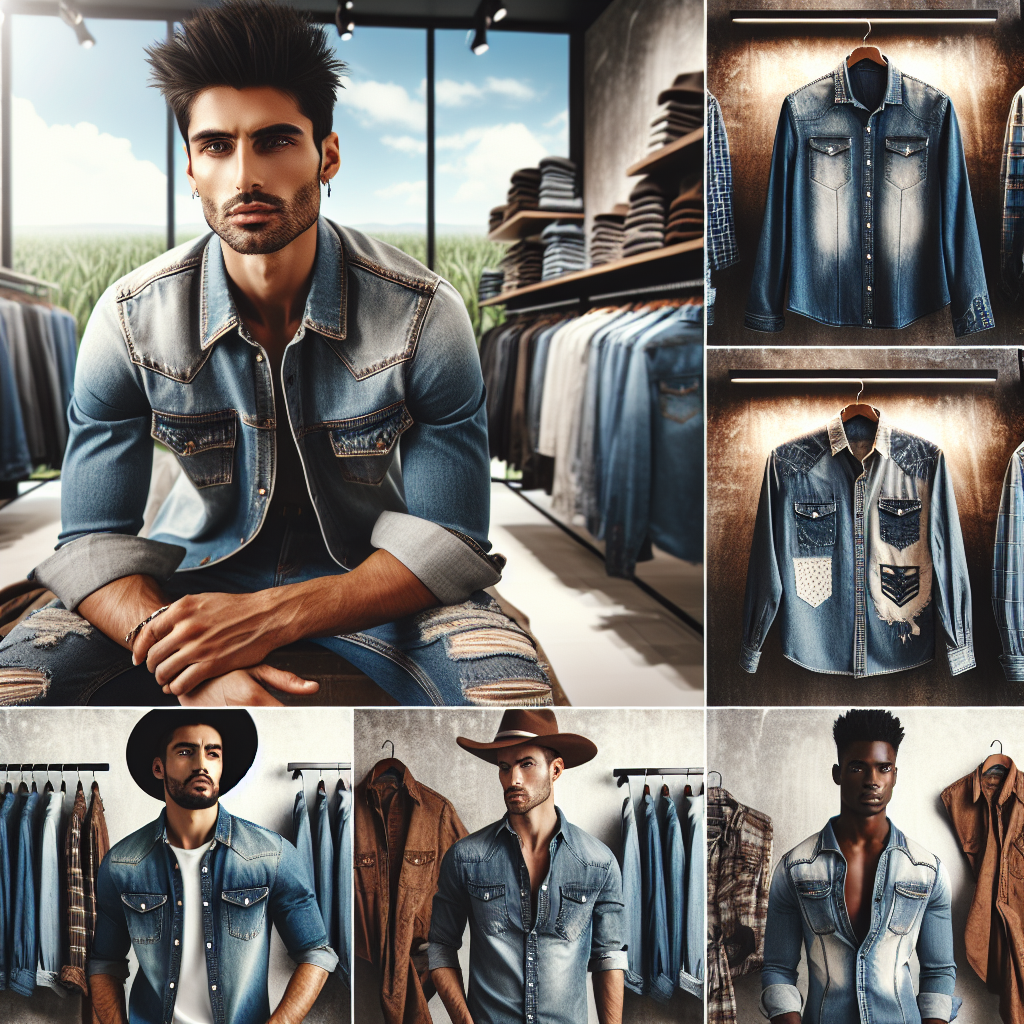 Denim Decoded: Must-Have Looks for Men's Shirts Imagine a fashion-forward scene in a clothing store with a variety of denim shirts hung up on display. Each shirt is a different style that makes it a must-have for men. There is a classic Western-style shirt with snap buttons, a trendy patchwork denim shirt with a mix of light and dark blues, a fashionable chambray button-up with subtle white stitching, and a modern, slim-fit denim shirt with pearl buttons. The scene also includes South Asian man wearing a fitted denim shirt, a Black man is trying on a casual denim jacket, and a Hispanic man is checking out a rustic denim vest.