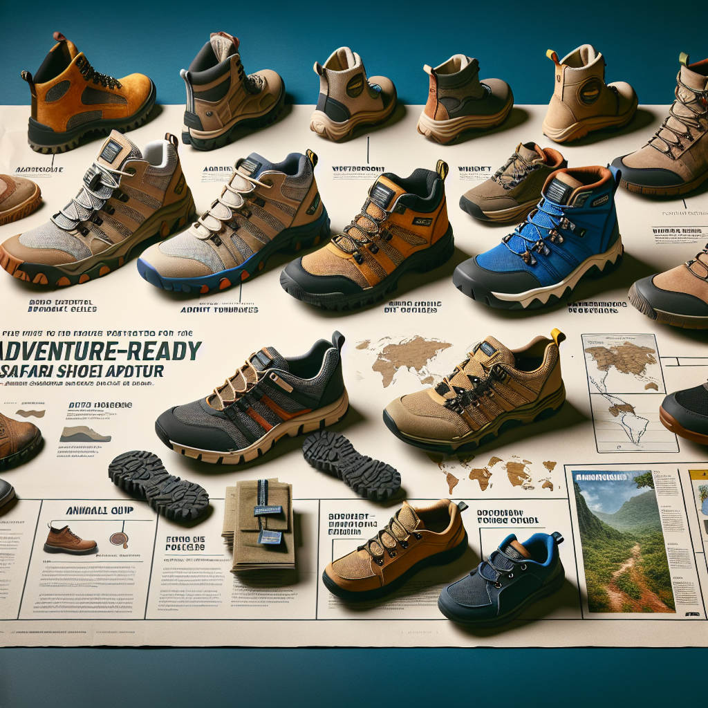 Safari Shoes Guide: Must-Have Picks for Every Adventure A visual representation of various adventure-ready safari shoes laid out neatly. Display a variety of different styles adapted to diverse environmental conditions: one pair for arid desert climates with breathable fabric and tough soles, another for humid jungles with waterproof features and strong grip, and another for rocky terrains providing ankle support. Each pair should reflect its unique purpose with different colors and materials. A printed guide is situated at the side, containing essential tips on picking safari shoes for every adventure. Ensure that the scene has a backdrop of a travel map suggestive of the adventures these shoes are equipped for.