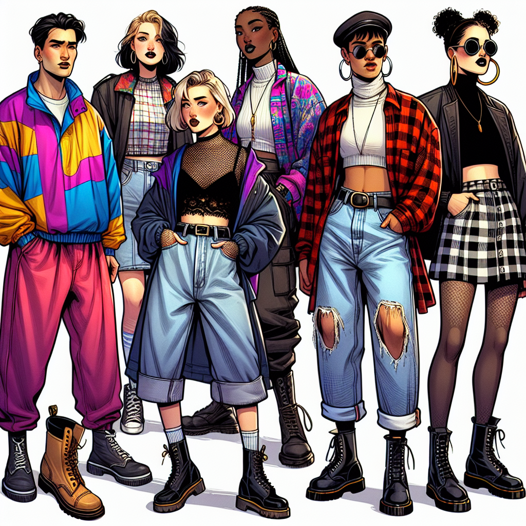 Create a detailed image showcasing the must-have looks for a 90s theme party. The scene should depict a lively party environment filled with folks of different descents and genders, striking various poses that reflect their personalities. Show a South Asian man with baggy jeans, a colorful windbreaker, and a backwards baseball cap. Include a Caucasian woman in a plaid skirt, combat boots, and a crop top. Feature a Black woman with high-waisted mom jeans, turtleneck sweater, and large hoop earrings. Lastly, depict a Hispanic man with a grunge-inspired outfit with a band flannel, ripped jeans, and Doc Martens boots. The diversity in the attire should hint at the effortless style of the 90s.