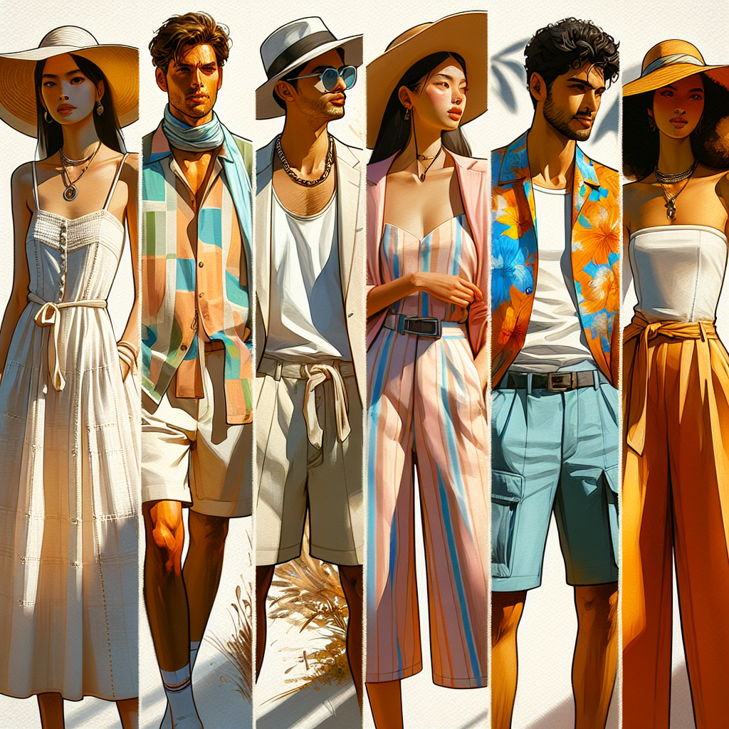 Imagine a vibrant array of summer attire suitable for different visitation events. This includes a delicate white linen sundress worn by a South Asian woman accessorized with a wide-brimmed sunhat and the sun casting playful shadows on her. Beside her, a Middle-Eastern man dons a lightweight summer blazer with pastel shorts, his wallet chain glistening in the sunlight. Next in the scene, a Caucasian man, casual yet stylish in a colorful Hawaiian shirt paired with comfortable cargo shorts. And lastly, viewing them appreciatively, a black woman sports a wide-legged jumpsuit in a bold sunset-orange color, her curly hair caught up in a scarf knot. All are exuding summer vibrancy and chic elegance.