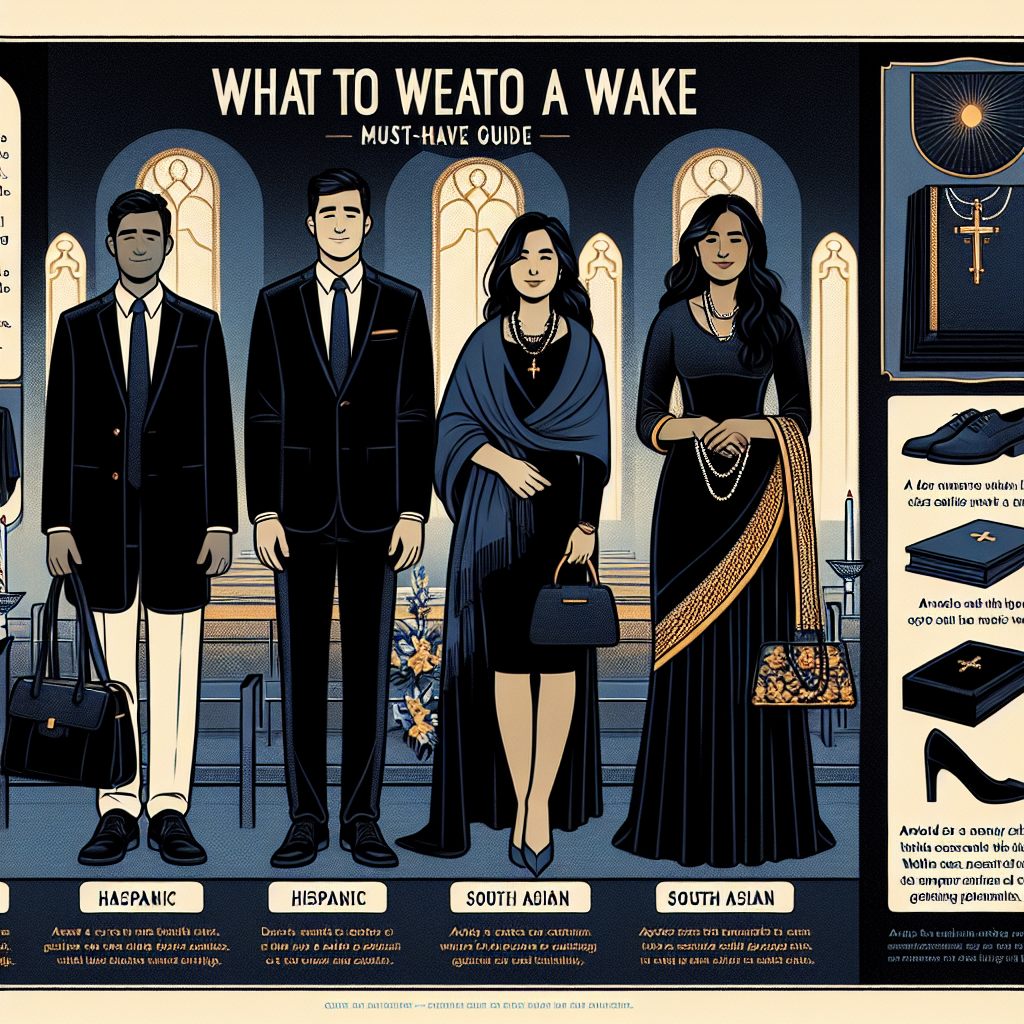 Must-Have Guide: What to Wear to a Wake Visualize an infographic for a must-have guide detailing what to wear to a wake. It contains sartorial suggestions for people of different backgrounds. Illustrate a black-suited Caucasian man with a tie, a Hispanic woman dressed in a dark blue dress, a South Asian woman in a dark-colored elegant saree, and a Middle-Eastern man in a navy blue traditional attire. Also include accessories like a simple, dark handbag, dark shoes, and subdued jewelry. Display a few tips such as avoiding flashy colors and opting for respectful, conservative clothing. The backdrop should reflect a solemn, respectful atmosphere.