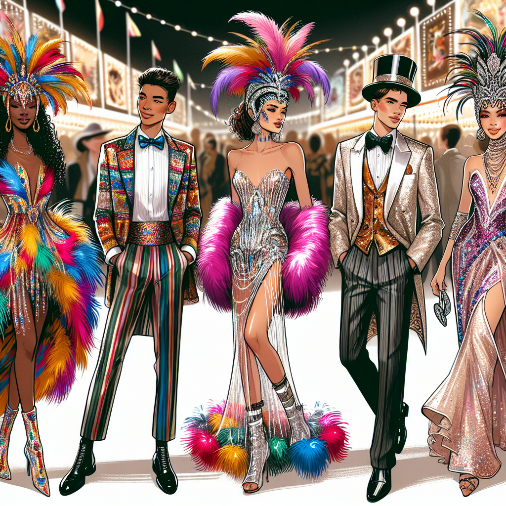 Stunning Outfits for a Carnival Fair: Effortless Style Illustrate a dynamic fashion scene at a bustling carnival fair. Include five people dressed in their best carnival outfits, exuding effortless style. The first person, a Black woman, is wearing a vibrant, feathered headdress and a sequined dress. Second, illustrate an Asian man in a flashy suit with flamboyant colors. Third, depict a Middle-Eastern woman in a sparkling jester costume. Fourth, show a Caucasian man dressed in a classy ringmaster outfit. Finally, depict a Hispanic woman in a dazzling, flowy gown with carnival masks as accessories. Ensure the carnival's lively atmosphere is captured in the background.