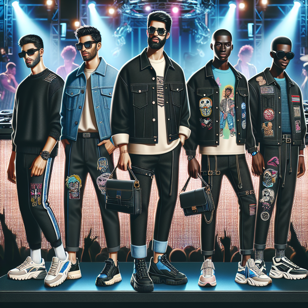 Visualize a stylish and forward-thinking scene at a DJ concert. Include a group of men, with varying descents like Hispanic, Middle-Eastern and Black. Each of them should be stylishly dressed according to latest trends: one with a slim fit black shirt, another with an oversized neon graphic tee, and the last with a customized denim jacket adorned with patches. Let's see eye-catching accessories like chunky sneakers, cross-body bags and stylish sunglasses to complete the look. The background should be a thrilling concert with throbbing neon lights and a DJ stand.