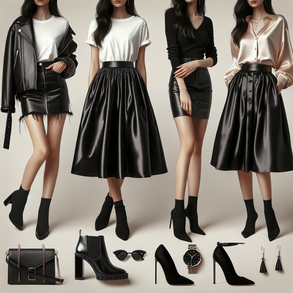 An insightful fashion composition showcasing a black satin skirt. Imagery includes the skirt styled with different tops for varied occasions. Emphasize a casual look with a white t-shirt and leather biker jacket, paired with textured ankle boots. For a formal setting, combine the skirt with a classy silk blouse and refined stiletto high heels. Include accessories like a minimalist clutch bag and understated jewelry. The models are two women, one Black and the other Asian, each exemplifying the diverse ways to style a black satin skirt.