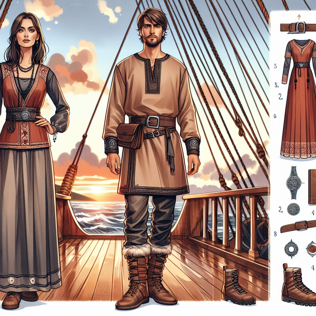 An illustration of a detailed style guide for Viking era cruise attire. Show a Middle-Eastern man and a Hispanic woman modelling this attire, standing on the deck of a seafaring ship in the background of an evocative sunset. The man is wearing a stylistic Viking tunic combined with a authentic, leather belt and rugged, brown boots. The woman is dressed in an elegantly designed, ankle-length Viking dress, complemented with leather shoes. Both of them wear fitting Viking-era jewelry and accessories, like brooches and arm-rings, for an effortless style.