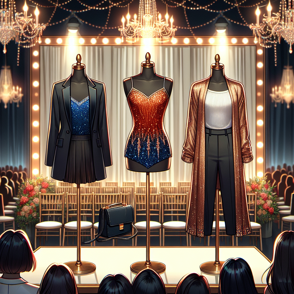 Stunning Outfits for College Formals: What to Wear Over a Sequin Tank Top Visualize a fashion setting in a college formal context. A notable centerpiece should be a sequin tank top available in a variety of colors like deep blue, fiery red, and shimmering gold. To inspire potential wardrobe choices, include a few fashionable options to wear over it. This could be an elegant blazer on a South Asian female student, a classy cardigan on a Middle-Eastern male student, and a chic cloak on a Black female student, all stylishly presented. A backdrop of a subtly decorated venue can create a proper context surrounding this theme.