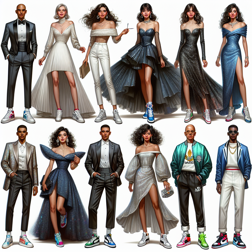 Stunning Outfits for Sneaker Ball: Effortlessly Chic! An image showcasing a variety of stunning outfits perfect for a Sneaker Ball. The outfits are elegantly casual and effortlessly chic. Imagine a middle-aged Caucasian man in a sleek tuxedo with a pair of shiny sneakers, a young Hispanic woman in a flowing, off-shoulder gown paired with classic white sneakers, an older South Asian woman in a sequined dress matched with colorful high-top sneakers. Also include a youthful Middle-Eastern man in a cool blazer and jeans, jazzed up with trendy neon sneakers. The clothing is high-fashion, yet the shoes add a fun, relaxed touch. Each person exudes confidence and style.
