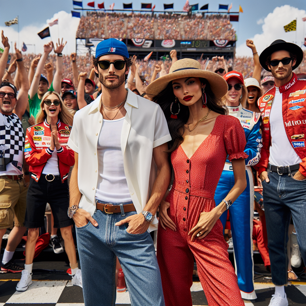 A sunny day at a bustling NASCAR race track, populated by enthusiastic fans cheering wildly. In the foreground, a Caucasian man dressed in a white, short-sleeved shirt, a blue cap and jeans, standing next to a Hispanic woman exuding style in a red sundress and wide-brimmed hat. Next to them, a Black man in a trendy, checkered racing-themed shirt, jeans, and dark sunglasses, next to an Asian woman with a chic black jumpsuit and a cap bearing a NASCAR symbol. The scene also features vendors selling signature clothing merchandise such as team jackets, branded caps, and colorful t-shirts.