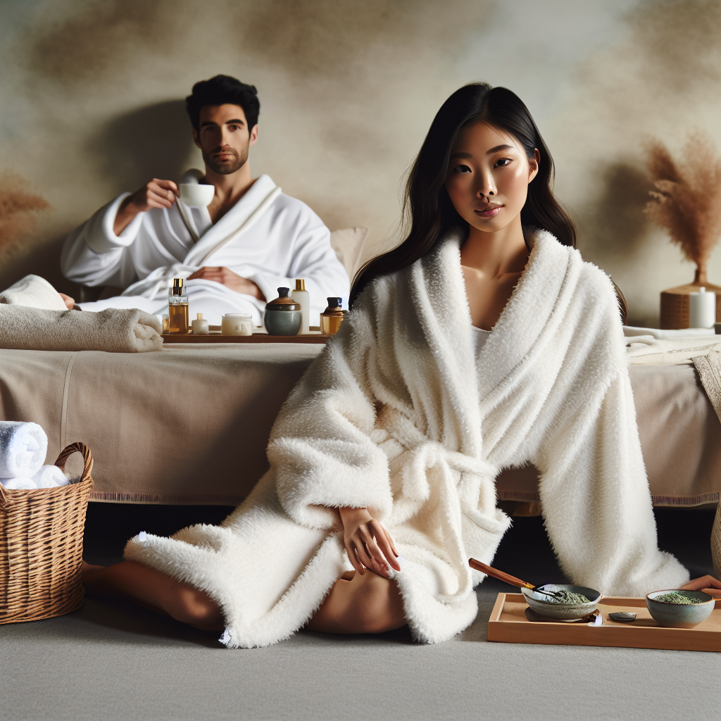 Imagine a tranquil spa environment with serene decorations. An Asian woman is lounging elegantly in fluffy white robes, enjoying her relaxation time. In the background, there's a Caucasian man in similar robes, sipping on a cup of herbal tea. Soft, muted colours and minimalist decor mirror the calm atmosphere. A basket with some organic skincare products and fluffy towels can be seen next to them. The scene should emit a sense of comfort, effortless style and relaxation that would be fitting for an article about what to wear to a spa day.