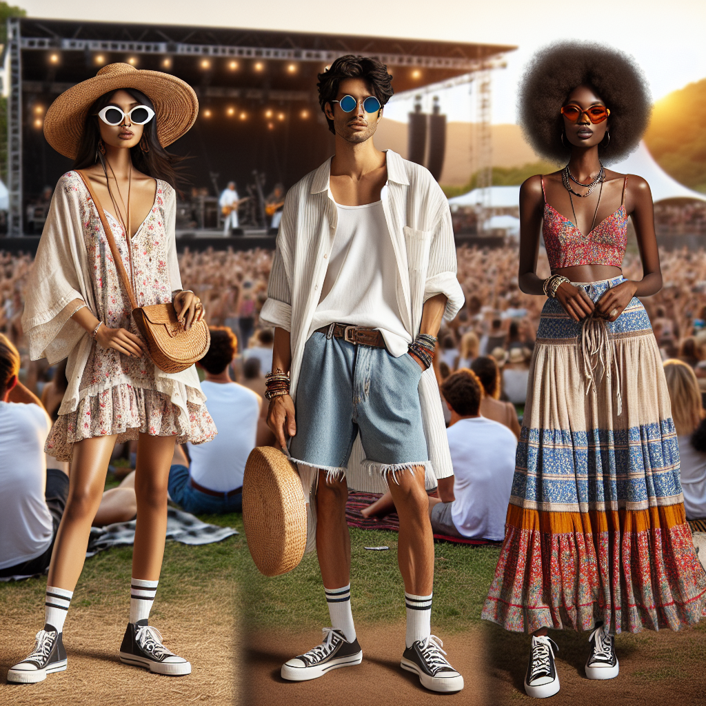 Visualize an outdoor summer concert scene with a diverse crowd enjoying the music. Focus on a South Asian woman in her 20s wearing a comfortable chic dress with flower prints and comfy sandals, paired with a woven summer hat. Next, depict a Hispanic man in his 30s in a stylish combination of a loose white linen shirt and denim shorts, complemented with cool sunglasses and casual sneakers. Lastly, imagine a Black woman in her 40s, wearing a vibrant, colorful maxi dress with statement jewelry and beach waves in her hair. Let the energy of the concert and the brightness of summer reflect on their casual yet trendy outfits.