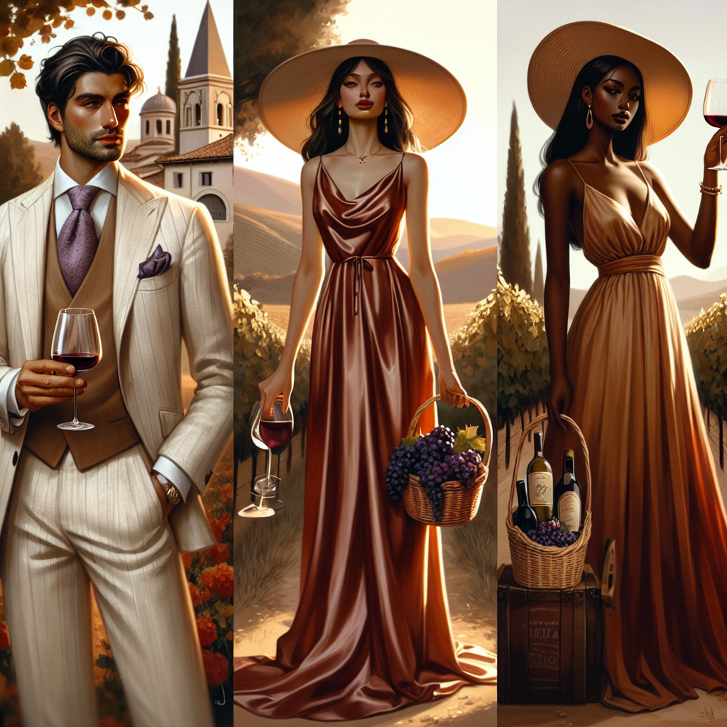 Stunning Outfits for Wine Festivals: Effortlessly Chic Imagine a series of stunning outfits designed specifically for wine festivals. In the first scene, visualize a man of Hispanic descent donned in a cream linen suit with a soft purple ascot tie, holding a glass of red wine. In the next scene, picture a South Asian woman elegantly dressed in a satin wine-colored flowy maxi dress, holding a glass of white wine and a basket full of grapes. Lastly, picture a Black woman draped in a tan Tuscany-inspired sundress with a broad brimmed hat, her hand elegantly holding a vintage wine bottle against the setting sun.