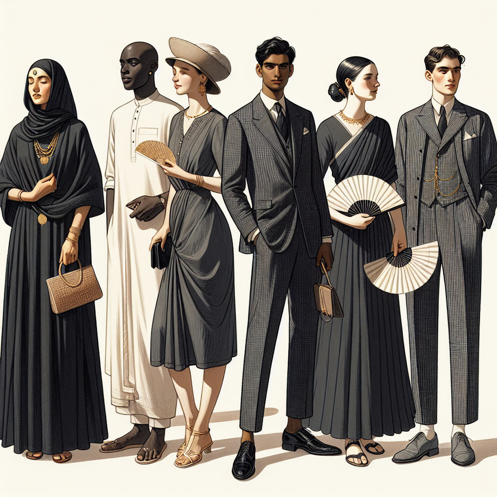 What to Wear to a Funeral on a Hot Day: Effortless Elegance An image illustrating the concept of appropriate attire for a hot day funeral. In the foreground, there's a diverse group of people dressed for the occasion. On the left, a Middle-Eastern woman is wearing a lightweight, dark-colored, elegant dress with a modest neckline and comfortable sandals. Next to her, a Black man is dressed in a breathable, black linen suit paired with a formal white shirt and no tie. To their right, a South Asian woman dons a dark, airy saree with tasteful gold jewelry, and a White man is attired in a seersucker dark grey suit with a light blue shirt underneath and matching derby shoes. They all carry hand fans, evoking a sense of elegance while also considering the warm climate.