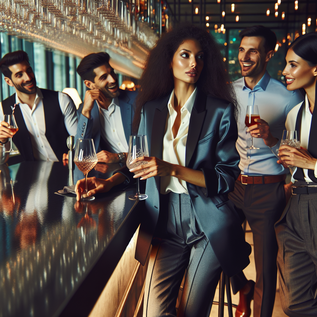 Effortless Styles for Work Happy Hour: Must-Have Looks Imagine a lively setting of an after-work happy hour where a group of co-workers are relaxing and socializing at a fashionable bar. Sporadic glowing lights reflect on their stylish, yet effortless work outfits. Picture one woman of Black descent in a sleek business suit sipping her drink. She is accompanied by a Hispanic man in a smart casual blazer and jeans, engaged in light-hearted conversation. On their right, a Middle-Eastern woman in a chic jumpsuit is laughing with a Caucasian man in a stylish button-down shirt and tailored trousers. Also, include a glass-cladded bar filled with various drinks in the background to complete the scene.