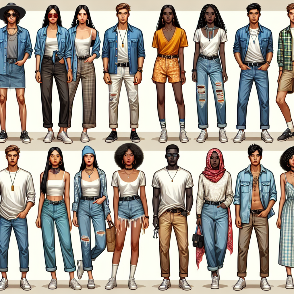 A stylized guide showcasing an array of chic, effortless clothing combinations to pair with a denim shirt. Display a mix of classic undershirts, ranging from simple white tank tops to colourful, patterned tees. Feature diverse male and female figures of varying descents including Caucasian, Hispanic, Black, Middle-Eastern, South Asian, and White. Also show a range of accessories like necklaces or scarves that can bring an added layer of style to the outfit. Avoid showcasing any identifiable brands or logos to keep the focus on generic styles rather than specific brands.