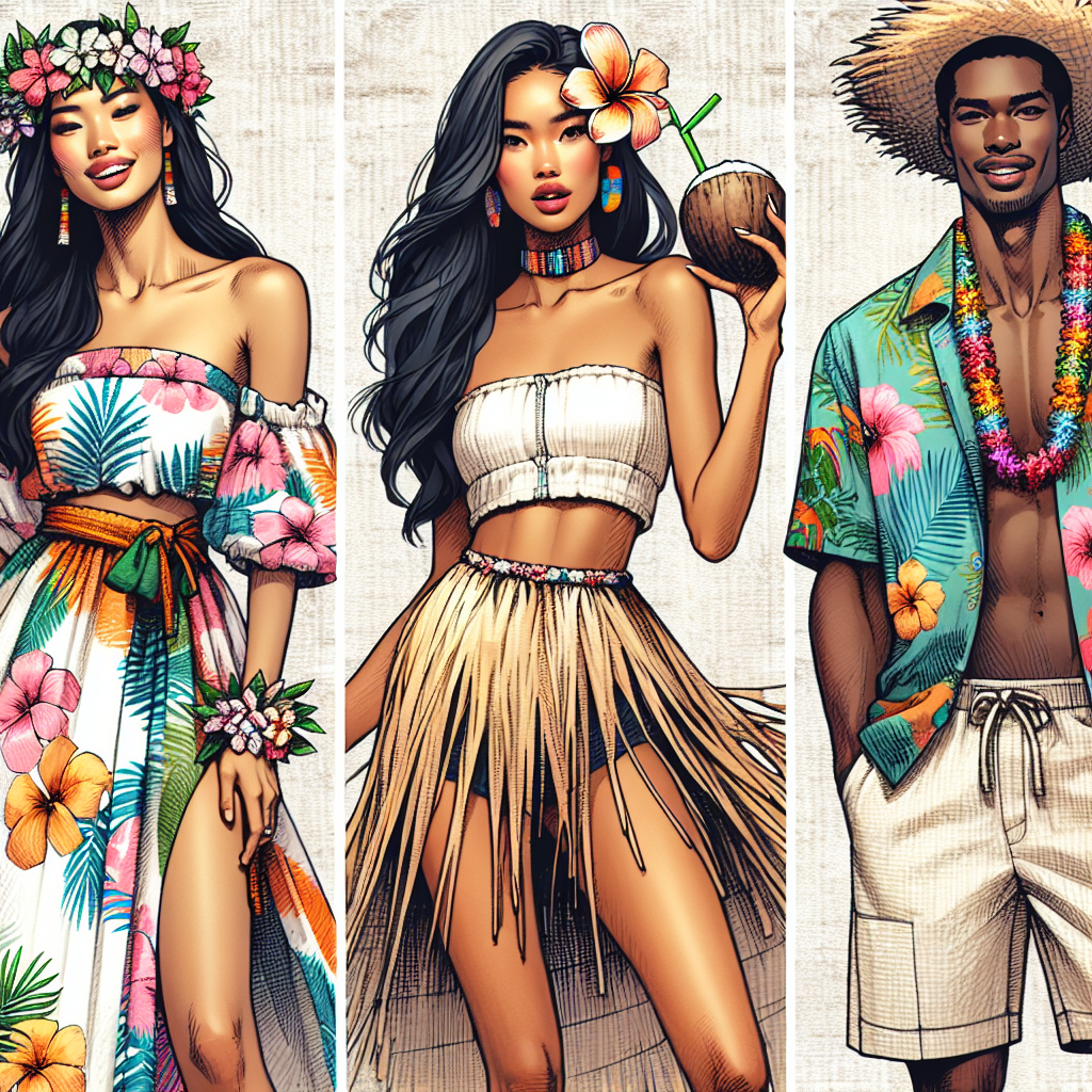 Must-Wear Luau Outfits: Effortless Island Chic Picture a vibrant luau scene filled with people dressed in effortless island chic outfits. Envision a dark-haired Asian woman luxuriously clad in a colorful Hawaiian print maxi dress, her wrists adorned with floral bracelets. Next, a Black man in a loose, comfortable white linen shirt and shorts, a colorful lei draped around his neck. Also in the scene is a Hispanic woman donning a playful grass skirt and a coconut bra, her eyes alight with laughter. There's also a Caucasian man sporting a Hawaiian shirt with vibrant tropical prints and khaki shorts, a straw hat taming his light-colored hair. Visualize polynesian inspired materials and patterns creating a scene of lively festivities.
