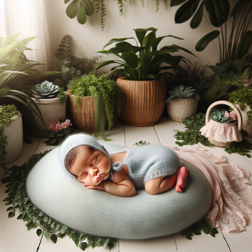 Must-Have Styles for Newborn Photo Shoots A soft, serene newborn photography studio environment setup. A simple white background illuminated by natural light paired with a soft, cooling-toned blanket. In the foreground, a baby boy of Hispanic descent is resting on the blanket wearing a cute, light blue, newborn-sized knit romper. Next to him, a baby girl of Middle-Eastern descent dressed in a dainty baby pink lace hat and matching romper. Both are sleeping peacefully amidst meticulously arranged indoor green foliage. Please make sure the setting radiates warmth and homeliness.