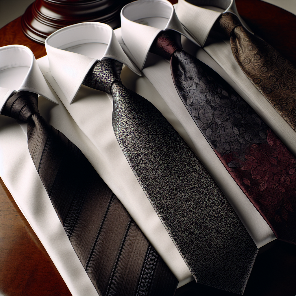 Create a selection of subtle and respectful funeral ties. The ties should be high-quality and suitable for a somber occasion. First, a traditional black tie with a slight sheen, second, a dark grey tie with an understated pattern, third, a midnight navy tie that gives a sense of depth, and finally, a deep maroon tie that adds a touch of color while still being appropriate for the occasion. Each tie should be displayed on a white dress shirt to highlight their design. Set the scene on a mahogany table, subtly lit in a tranquil environment.