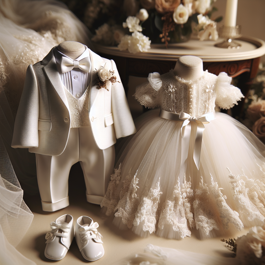 Imagine an elegant scene of a wedding celebration focusing on two beautifully dressed babies. One baby is in a white tuxedo while the other is in a soft ivory dress with delicate lace accents. These outfits are intricately detailed and exude a sense of effortless elegance. The tuxedo features a neat bow tie and crisp, clean lines, while the dress is adorned with a small ribbon sash and layers of light tulle. The setting is a softly lit room filled with tasteful decorations and cut flowers, enhancing the overall ambiance of style and sophistication.
