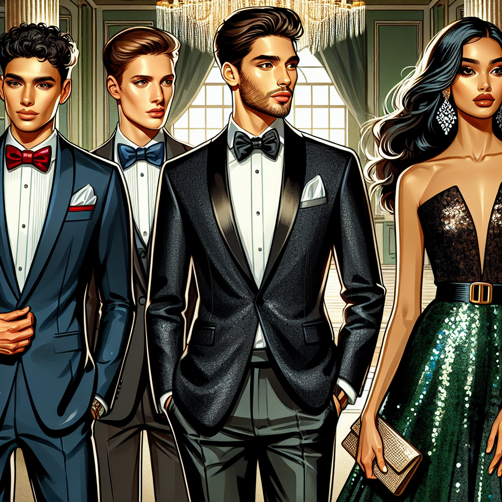 Beautifully dressed guests arriving at the debutante ball. Two men and two women are depicted: one Hispanic man wearing a sleek, black tuxedo with a red bowtie, one Middle Eastern man exhibiting an elegant navy blue suit with a white pocket square, a Black woman in a dazzling sequin gown with a high neckline and full skirt, and a South Asian woman showing off a chic and minimalist emerald green dress with gold accents. The setting is an upscale ballroom, its regal features illuminated by a grand chandelier.