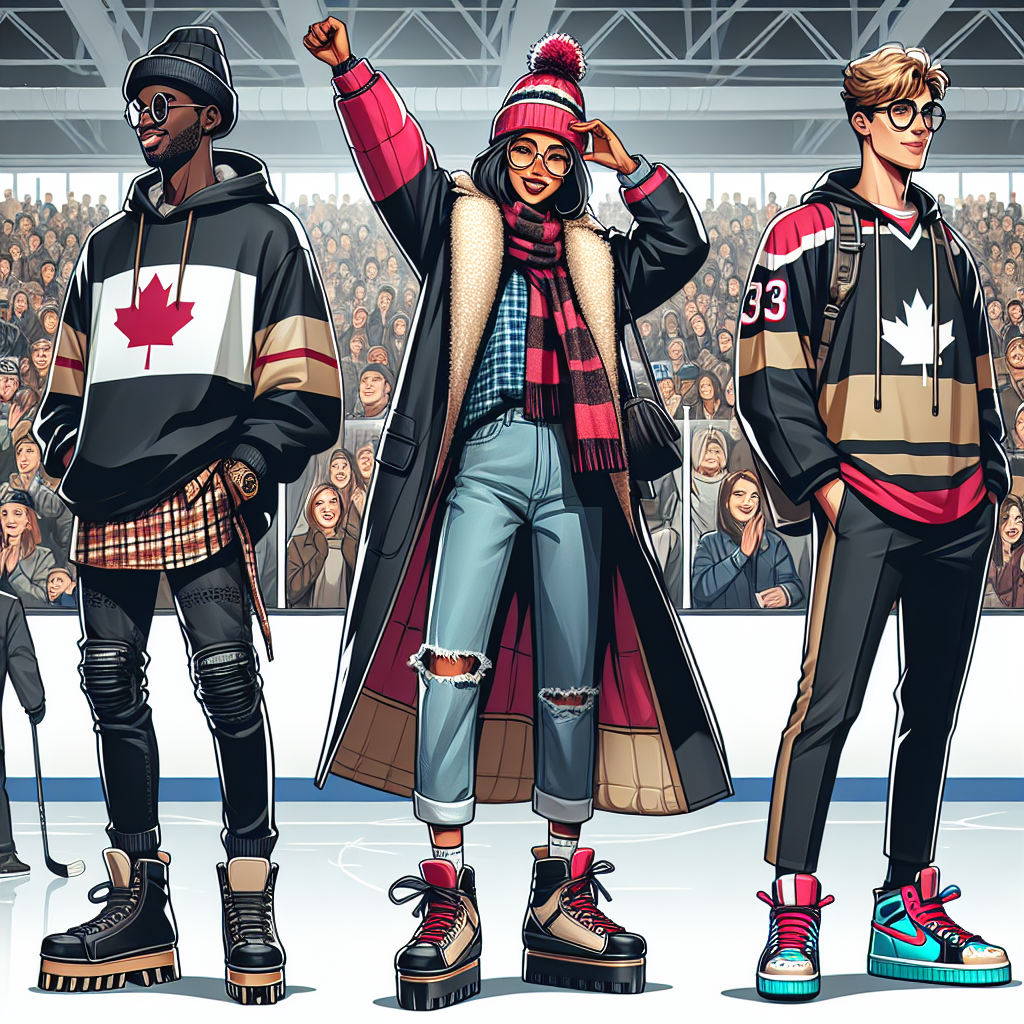 Illustrate three fans wearing stylish and warm outfits for a hockey game. The first person is a Black man in his 30s, who is wearing a trendy team sweatshirt layered with a chic long coat and paired with fancy boots. The second person is a middle-aged Hispanic woman sporting a fashionable beanie cap with her team's logo, round glasses, a statement scarf, a cozy flannel shirt, and a sleek waterproof jacket. Lastly, depict a Caucasian teenager in a unique and eye-catching team jersey, insulated trousers, and bright-colored sneaker boots. They are all enjoying and cheering for their favorite team in a bustling ice hockey stadium with a game unfolding on the rink.