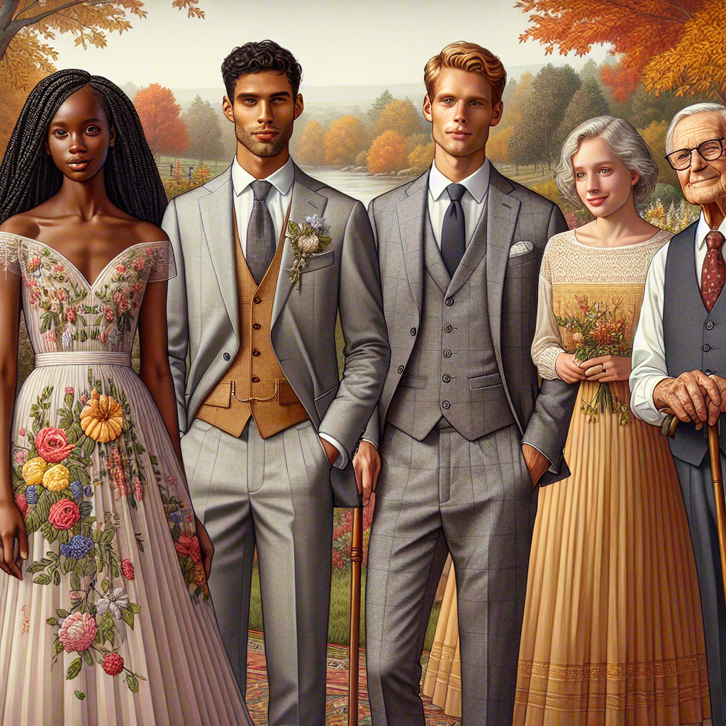 Stunning September Wedding Outfits for Every Guest Visualize a beautifully detailed panoramic scene of several guests at a September wedding, each dressed in stunning outfits. To the left, a Black woman is wearing a demure pastel dress with embroidered flowers. In the center, a Caucasian man is in a light weight grey suit with a tie. Lastly, to the right, a Hispanic older gentleman sports a traditional vest and slacks, along with a crisp white shirt. Add small details such as the stylish accessories they might be wearing, the autumnal palette of the scene and the joyous atmosphere present.