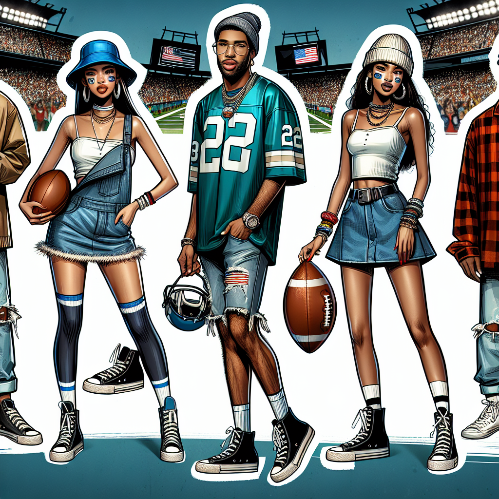 Stunning Outfits for Football Games: Must-Have Styles An illustrative montage that demonstrates a collection of stylish outfits ideal for football games. In the center, spotlight a man of Hispanic descent wearing a football jersey paired with ripped jeans and trendy sneakers. Converse Stall with a South Asian woman models a sporty mini-dress paired with a bucket hat and bold jewelry. Lastly, display a Black woman in the corner who is wearing a plaid shirt with denim shorts, knee-high socks, and chunky boots. They should all appear excited and cheerful, a football-themed backdrop showcasing the energetic fans and staff. Please ensure the image is of high quality.