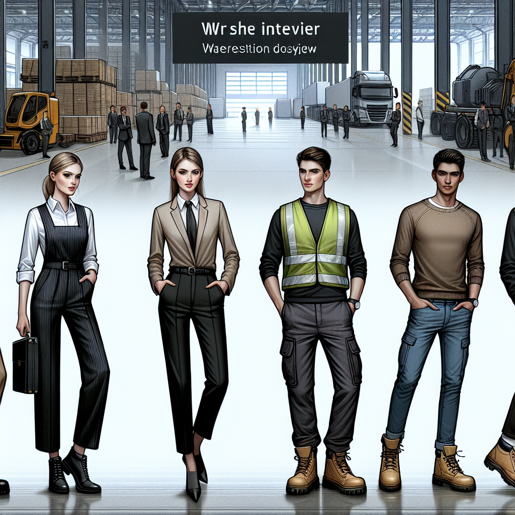 A visual dossier showcasing a variety of eye-catching outfits suitable for warehouse interviews. These designs cross the spectrum of professional yet practical wear. First, a Caucasian female in a chic jumpsuit with steel-toed boots. Second, a Middle-Eastern male wearing a sweater, cargo pants, and safety shoes. Third, a South Asian female in a smart yet simple shirt with high-visibility vest and slip-resistant shoes. Lastly, a Black male sporting a comfortable t-shirt, jeans, and puncture-resistant boots. All figures are exuding confidence and standing against the backdrop of an industrialist warehouse, ready to impress.